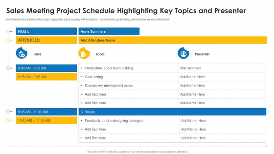 Sales Meeting Project Schedule Highlighting Key Topics And Presenter Professional PDF