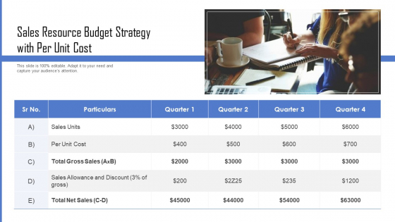 Sales Resource Budget Strategy With Per Unit Cost Ppt Summary Model PDF