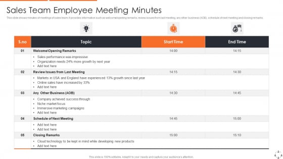 Sales Team Employee Meeting Minutes Icons PDF