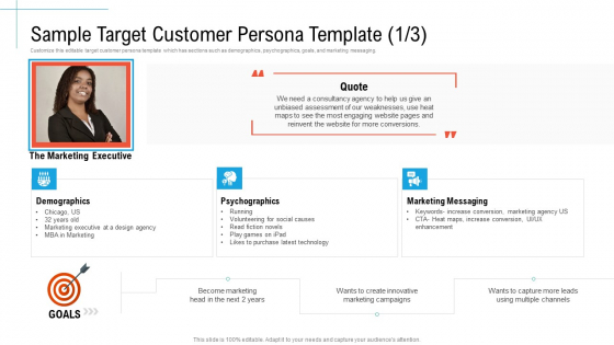 Sample Target Customer Persona Template Quote Initiatives And Process Of Content Marketing For Acquiring New Users Summary PDF