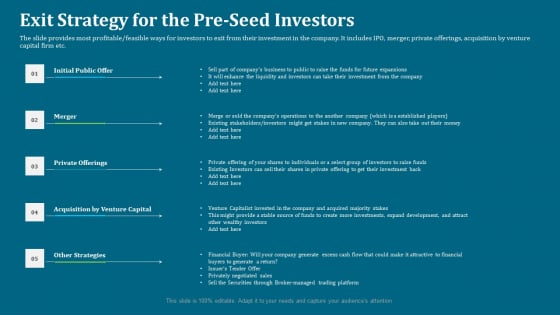 Seed Funding Pitch Deck Exit Strategy For The Pre Seed Investors Ppt Infographic Template Layouts PDF Seed Funding Pitch Deck Exit Strategy For The Pre Seed Investors Ppt Infographic Template Layouts PDF