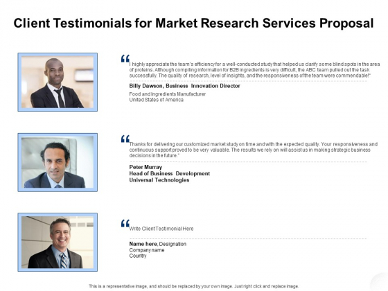 Service Market Research Client Testimonials For Market Research Services Proposal Diagrams PDF