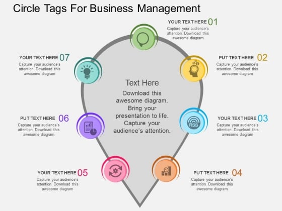 Seven Staged Circle Tags For Business Management Powerpoint Template