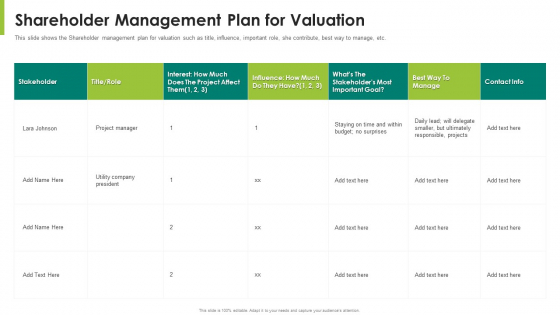 Shareholder Management Plan For Valuation Ppt Show Graphics Example PDF