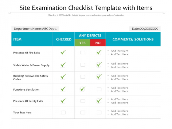 Site Examination Checklist Template With Items Ppt PowerPoint Presentation Outline Visual Aids PDF Site Examination Checklist Template With Items Ppt PowerPoint Presentation Outline Visual Aids PDF
