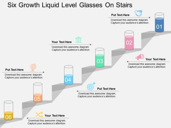 Six Growth Liquid Level Glasses On Stairs Powerpoint Template Six Growth Liquid Level Glasses On Stairs Powerpoint Template