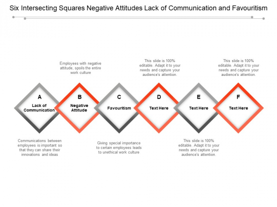 Six Intersecting Squares Negative Attitudes Lack Of Communication And Favouritism Ppt PowerPoint Presentation Infographic Template Graphics