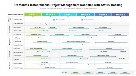 Six Months Instantaneous Project Management Roadmap With Status Tracking Designs