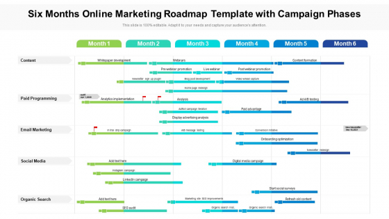 Six Months Online Marketing Roadmap Template With Campaign Phases Formats