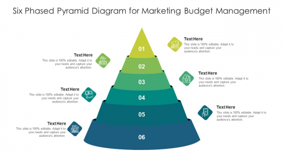 six phased pyramid diagram for marketing budget management ppt powerpoint presentation infographics portfolio pdf