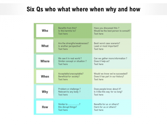 Six Qs Who What Where When Why And How Ppt PowerPoint Presentation Outline Shapes PDF
