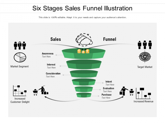 Six Stages Sales Funnel Illustration Ppt PowerPoint Presentation Gallery Structure PDF