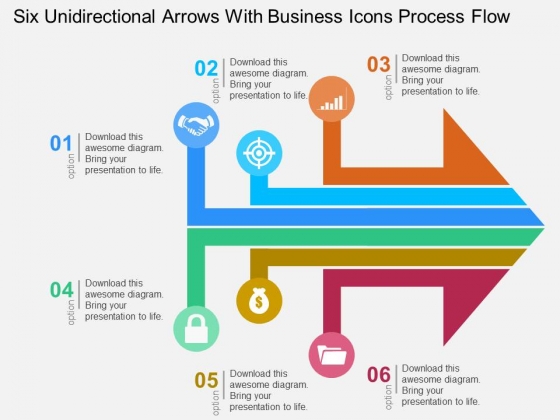 Six Unidirectional Arrows With Business Icons Process Flow Powerpoint Templates