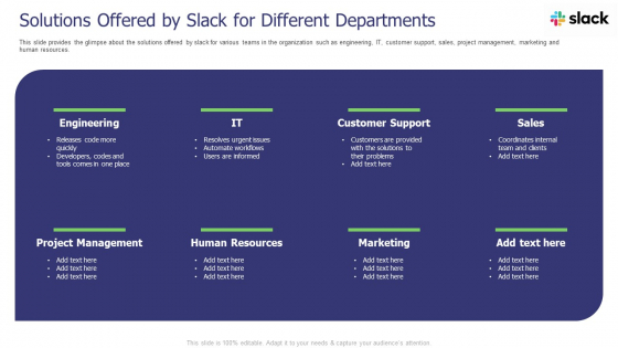 Slack Investor Pitch Deck Solutions Offered By Slack For Different Departments Ppt Show Inspiration PDF Slack Investor Pitch Deck Solutions Offered By Slack For Different Departments Ppt Show Inspiration PDF