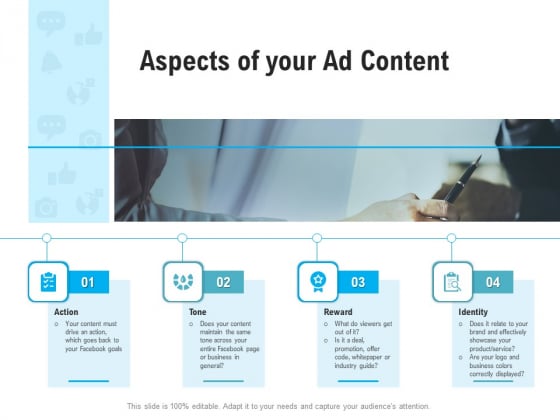 Social Media Advertisement Aspects Of Your Ad Content Ppt Gallery Slides PDF Social Media Advertisement Aspects Of Your Ad Content Ppt Gallery Slides PDF