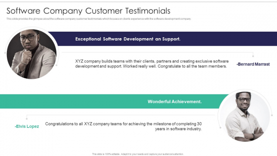 Software Firm Stakeholder Capital Raising Elevator Software Company Customer Testimonials Professional PDF