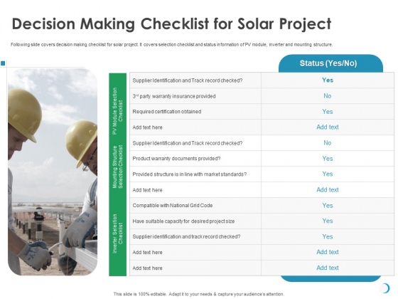 Solar System Implementation And Support Service Decision Making Checklist For Solar Project Microsoft PDF