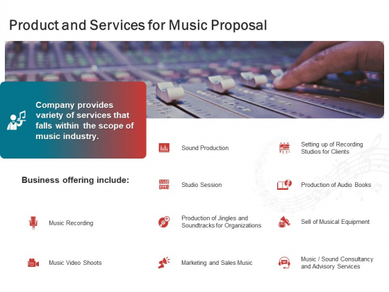 Sound Production Firm Agreement Product And Services For Music Proposal Ppt File Deck PDF Sound Production Firm Agreement Product And Services For Music Proposal Ppt File Deck PDF