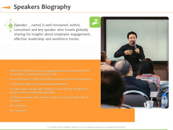 Speaking Engagement Speakers Biography Ppt Pictures Tips PDF