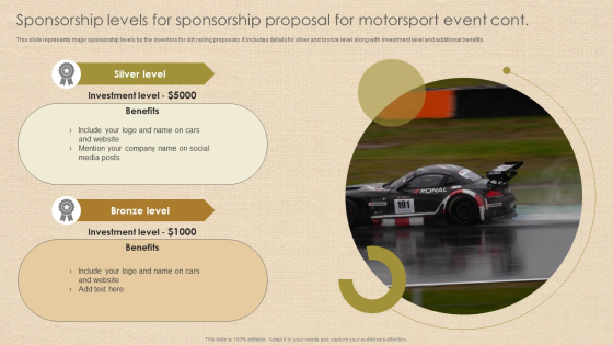 Sponsorship Levels For Sponsorship Proposal For Motorsport Event Cont Infographics PDF