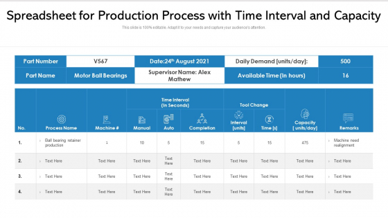Spreadsheet For Production Process With Time Interval And Capacity Ppt PowerPoint Presentation Inspiration File Formats PDF