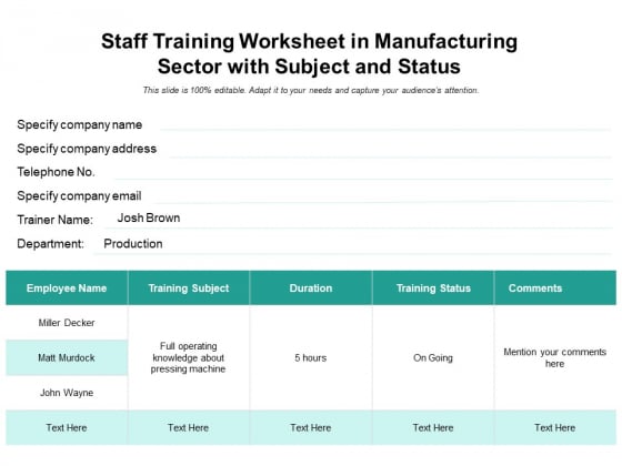 Staff Training Worksheet In Manufacturing Sector With Subject And Status Ppt PowerPoint Presentation Icon Portfolio PDF Staff Training Worksheet In Manufacturing Sector With Subject And Status Ppt PowerPoint Presentation Icon Portfolio PDF