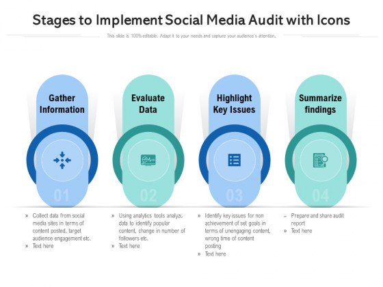 Stages To Implement Social Media Audit With Icons Ppt PowerPoint Presentation Icon Diagrams PDF