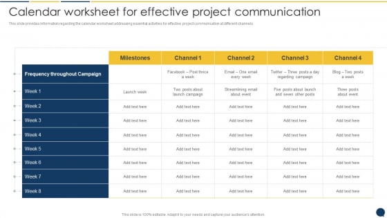 Stakeholder Communication Program Calendar Worksheet For Effective Project Communication Designs PDF