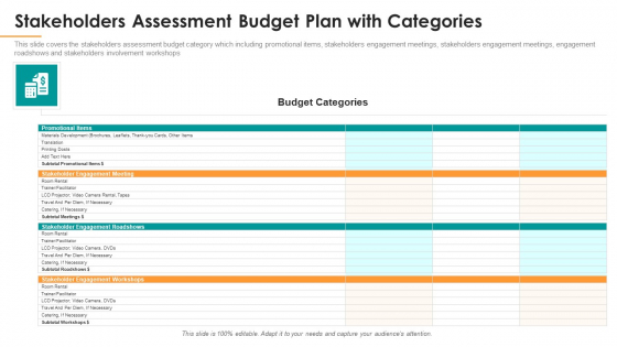 Stakeholders Assessment Budget Plan With Categories Ppt Styles Example File PDF Stakeholders Assessment Budget Plan With Categories Ppt Styles Example File PDF