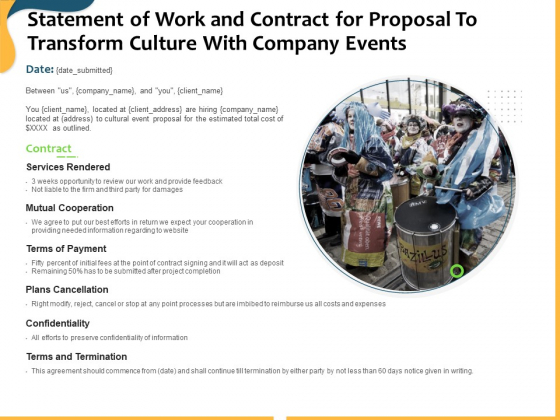 Statement Of Work And Contract For Proposal To Transform Culture With Company Events Ppt Show Example Introduction PDF Statement Of Work And Contract For Proposal To Transform Culture With Company Events Ppt Show Example Introduction PDF