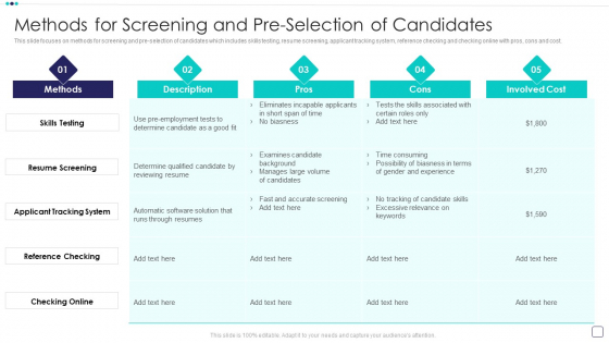 Steps Of Employee Hiring Process For HR Management Methods For Screening And Pre Selection Of Candidates Brochure PDF