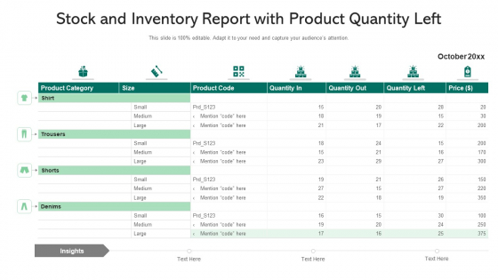 Stock And Inventory Report With Product Quantity Left Ppt PowerPoint Presentation File Visuals PDF