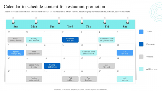 Strategic Promotional Guide For Restaurant Business Advertising Calendar To Schedule Content For Restaurant Promotion Information PDF