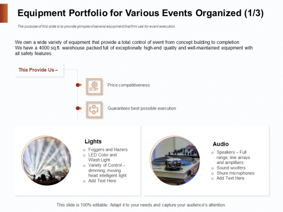 Strategies For Organizing Events Equipment Portfolio For Various Events Organized Ppt Slides Infographics PDF Strategies For Organizing Events Equipment Portfolio For Various Events Organized Ppt Slides Infographics PDF