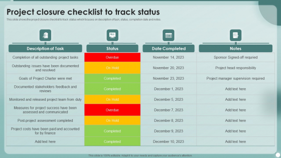 Strategies To Enhance Project Management Process Project Closure Checklist To Track Status Icons PDF