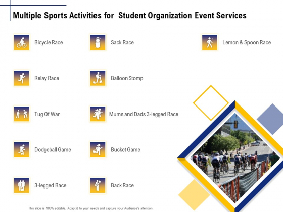 Student Club Event Planning Multiple Sports Activities For Student Organization Event Services Icons PDF
