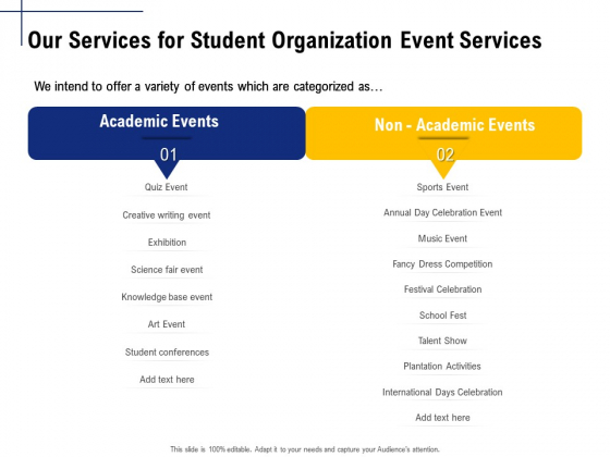 Student Club Event Planning Our Services For Student Organization Event Services Ppt File Graphics Example PDF