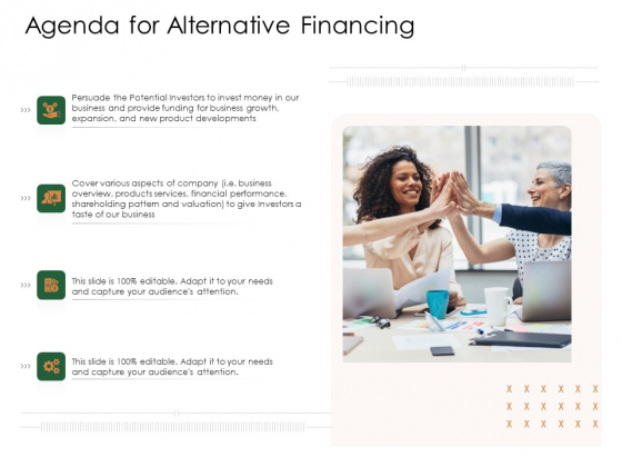 Substitute Financing Pitch Deck Agenda For Alternative Financing Elements PDF Substitute Financing Pitch Deck Agenda For Alternative Financing Elements PDF