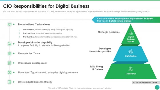 Successful CIO Transformation To Generate Company Value CIO Responsibilities For Digital Business Infographics PDF