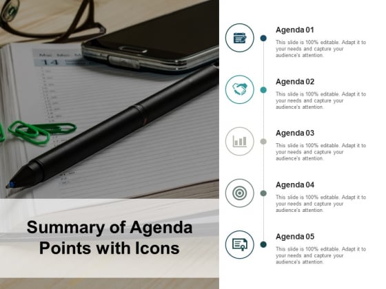 Summary Of Agenda Points With Icons Ppt PowerPoint Presentation Infographics Slideshow