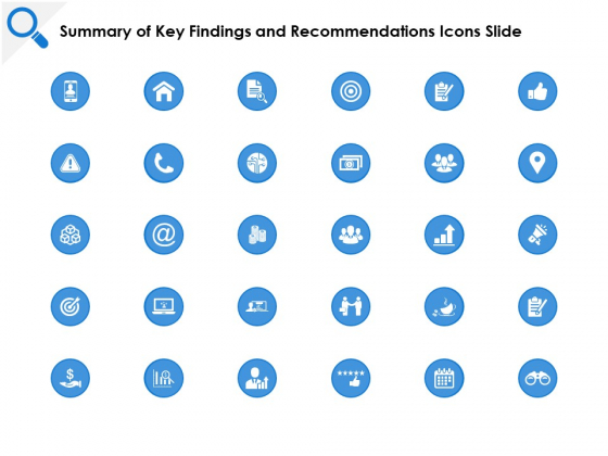 Summary Of Key Findings And Recommendations Icons Slide Target Ppt PowerPoint Presentation Slides Graphics Template