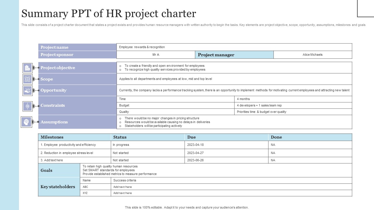 Summary Ppt Of HR Project Charter Graphics PDF - PowerPoint Templates