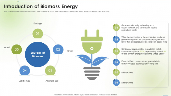 Sustainable Energy Introduction Of Biomass Energy Ppt PowerPoint Presentation Gallery Visuals PDF