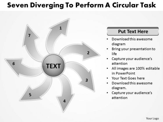 Seven Diverging Steps To Perform A Circular Task Motion Chart PowerPoint Slides Seven Diverging Steps To Perform A Circular Task Motion Chart PowerPoint Slides
