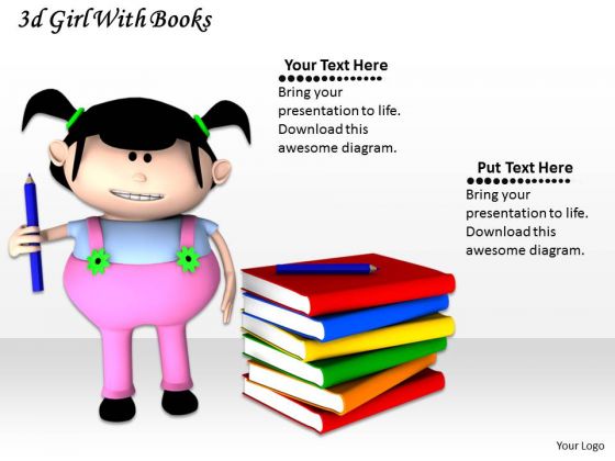 Stock Photo 3d Books And Girl Holding Pen PowerPoint Slide Stock Photo 3d Books And Girl Holding Pen PowerPoint Slide
