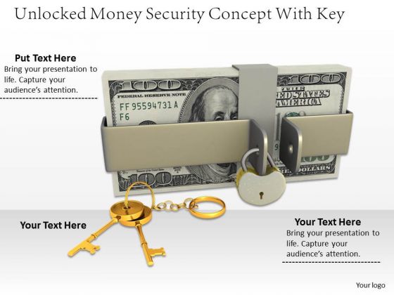 Stock Photo 3d Dollars Stack With Unlocked Lock And Keys PowerPoint Slide