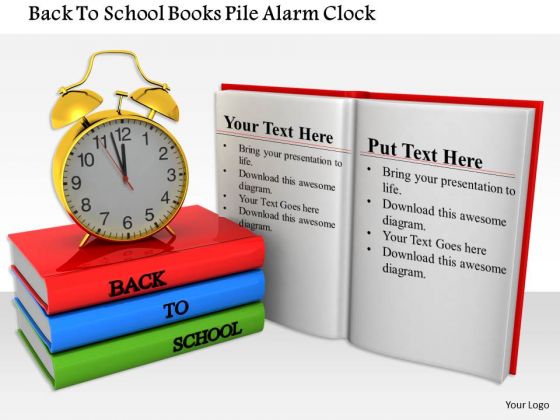 Stock Photo Back To School Books Pile Alarm Clock PowerPoint Slide Stock Photo Back To School Books Pile Alarm Clock PowerPoint Slide