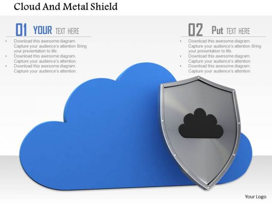 Stock Photo Blue Cloud With Metal Shield Pwerpoint Slide