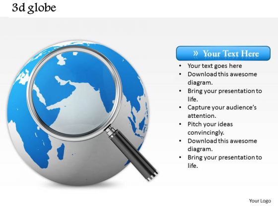 Stock Photo Blue Color Globe With Magnifying Glass PowerPoint Slide