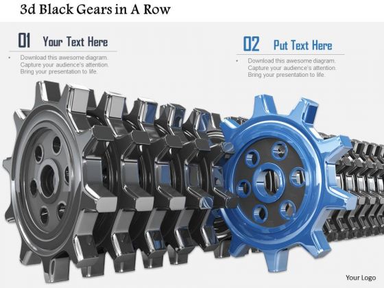Stock Photo Blue Gear Coming Out From Line Of Black Gears PowerPoint Slide